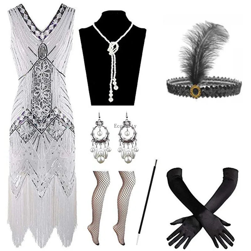 Halloween Cosplay Dress for Women 1920s Vintage Flapper Long Fringe Beaded Gatsby Party Dress With 20s Accessories Set