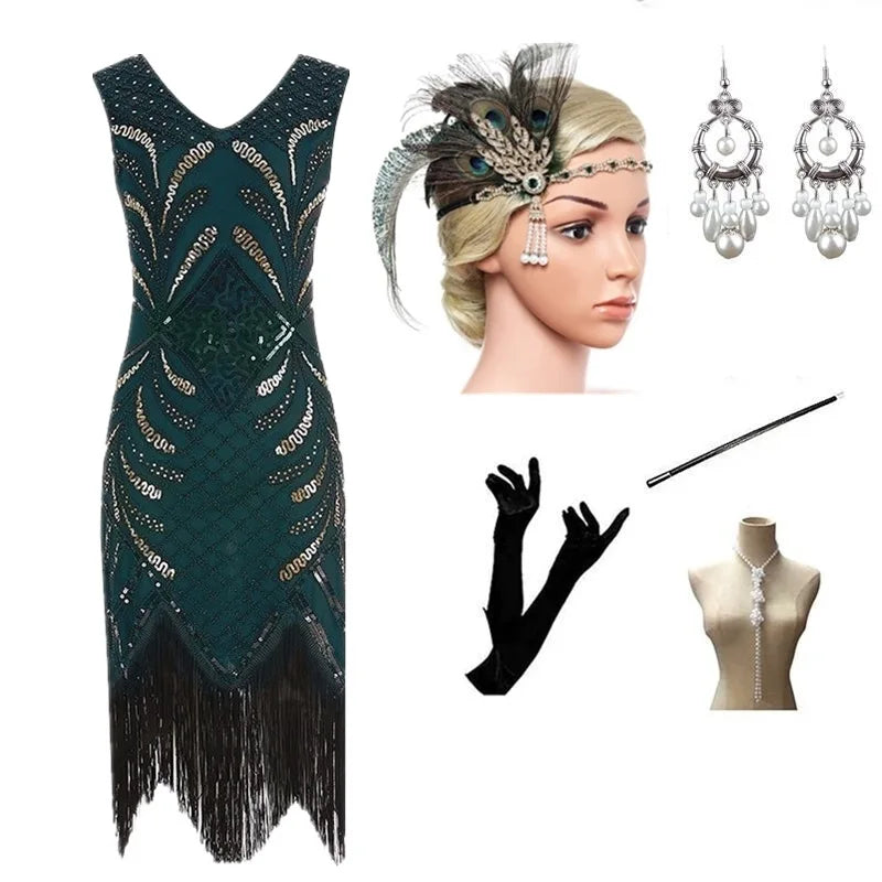Halloween Cosplay Dress for Women 1920s Vintage Flapper Long Fringe Beaded Gatsby Party Dress With 20s Accessories Set
