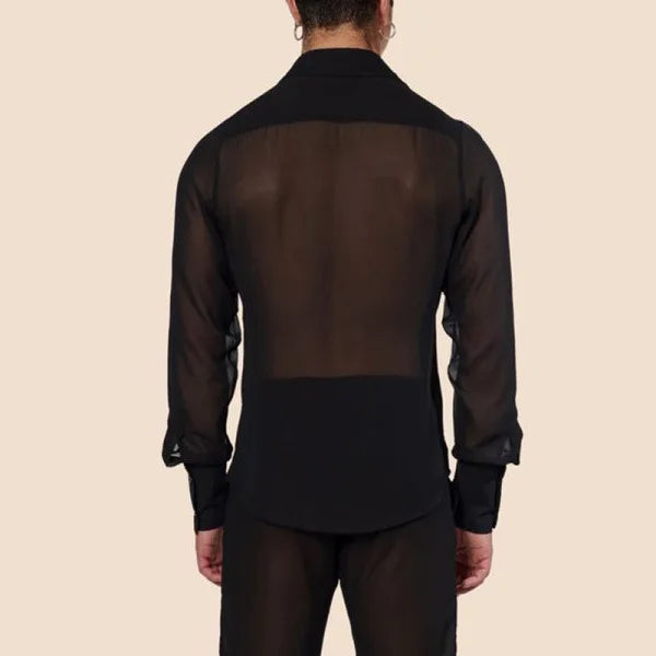 Men Mesh See-through Loose Shirt Summer and Autumn Shirt Top Men Sexy Long-Sleeved V-neck Turn-down Collar Single-Breasted Shirt