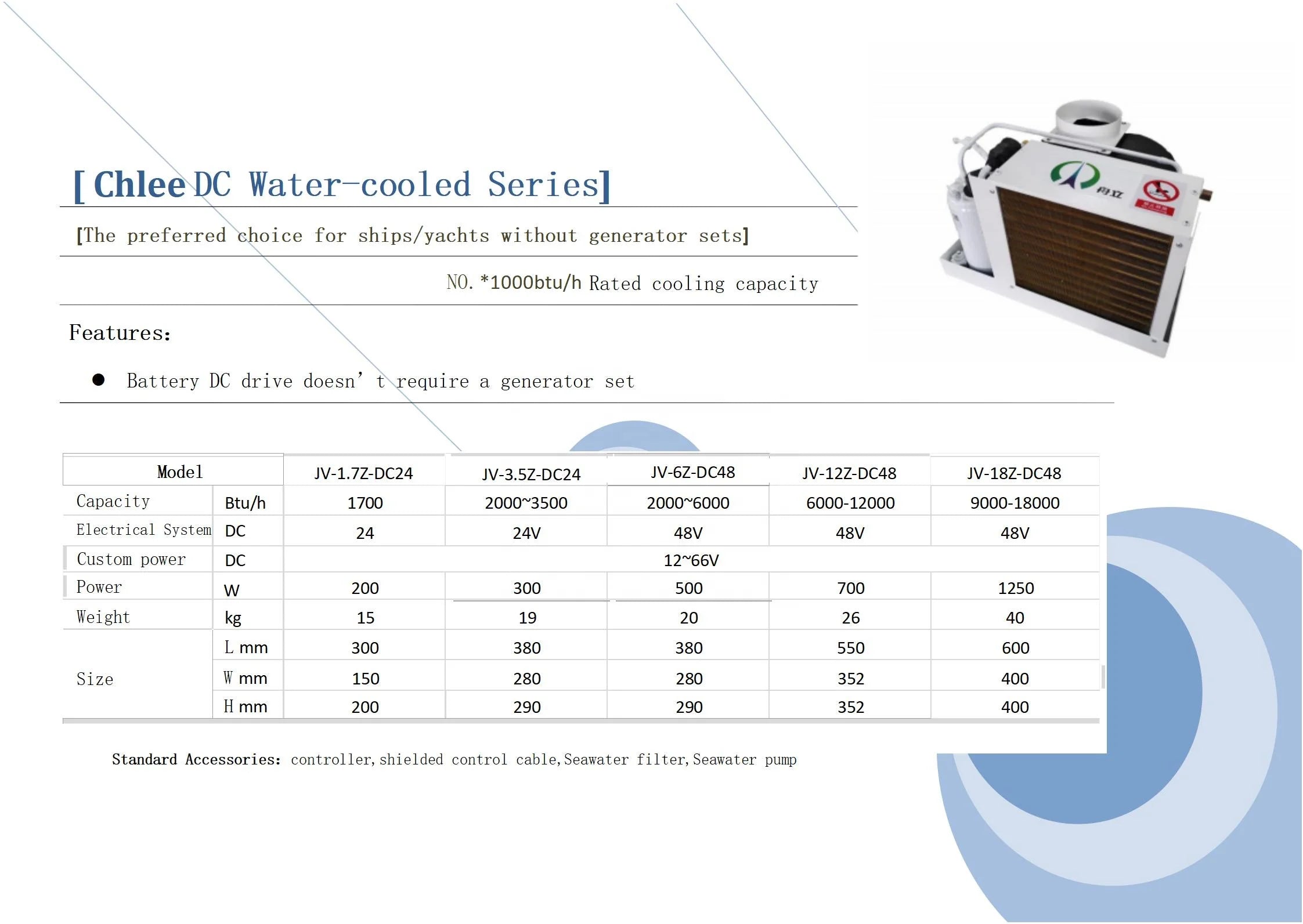 Chlee 48V Automatic Marine Boat Evaporative Air Cooler DC Yacht Chiller Compressor Motor Pump R410A Eco-Friendly 1700-18000