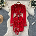 Summer Elegant V-Neck Asymmetric Tunic Hip Midi Dress for Women Empire Beaded Vestidos