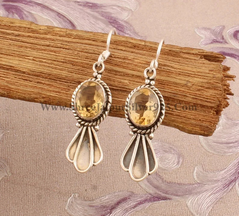 Handmade Designer Antiqued 925 Sterling Silver Hoop Earrings Natural Citrine Oval Gemstone Rhodium Plated for Weddings