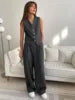 Enyami Minimalist Office Casual Co Ords Outfits V Neck Buttons Vest High Waist Wide Leg Pants Suits 2 Two Piece Sets Women