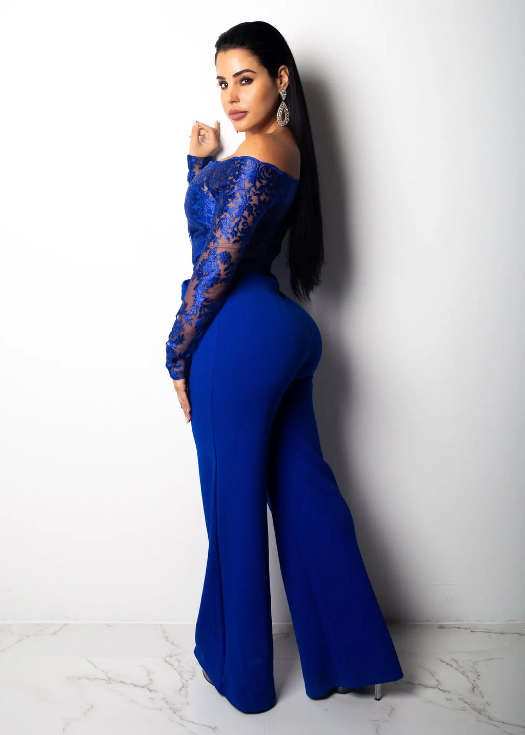 OEM ODM Women Clothing Elegant Overalls Off Shoulder Slash Neck Embroidery Lace Office Casual Jumpsuit