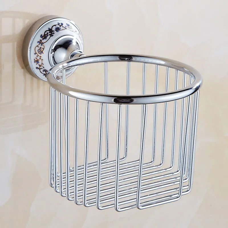 European Antique Blue and White Porcelain Chrome Finish Bathroom Hardware Set Silver&Crystal Towel Rack Bar Hook Basket Rack 5