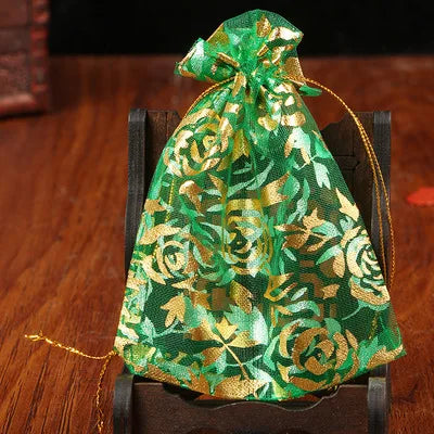 100pcs/lot 7x9 9x12 11x16 13x18cm Printing Roses Love Christmas Organza Bags Drawstring Gift Bag Charm Jewelry Packaging Bags