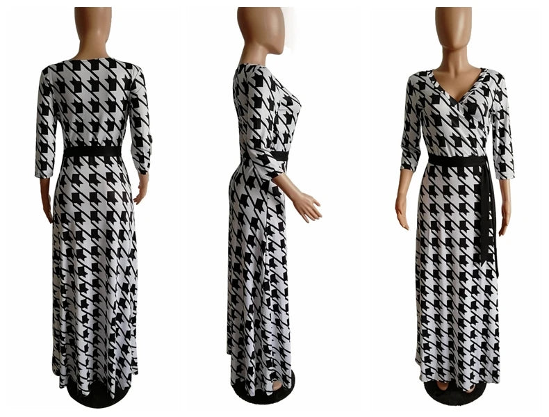 Autumn Fashion Plaid Printed Long Swing Dress Vintage Style Sexy Deep V Quarter Sleeve Boho Maxi Dress ESMR8834