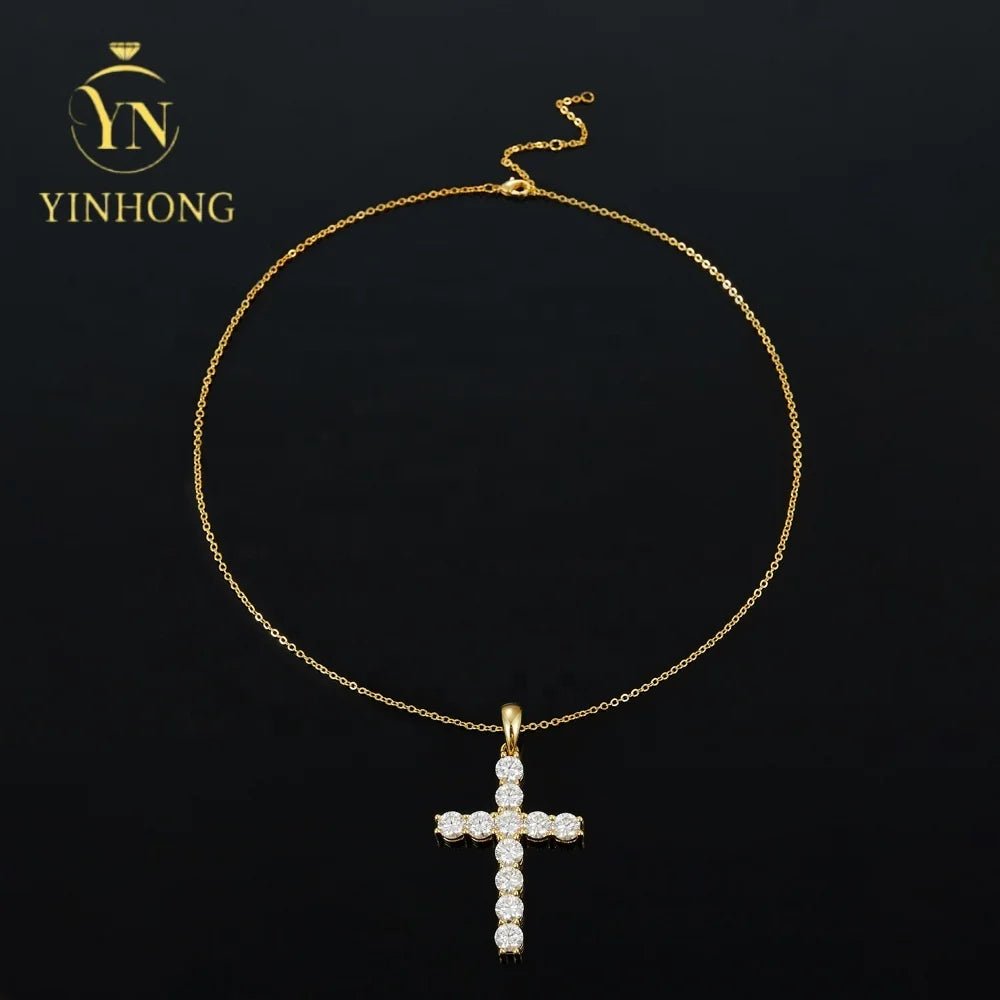 Fashion Jewelry 925 Sterling Silver Necklaces Gold Plated Fine Jewelry Moissanite Diamonds Spark Cross Charms Hip Hop Pendant