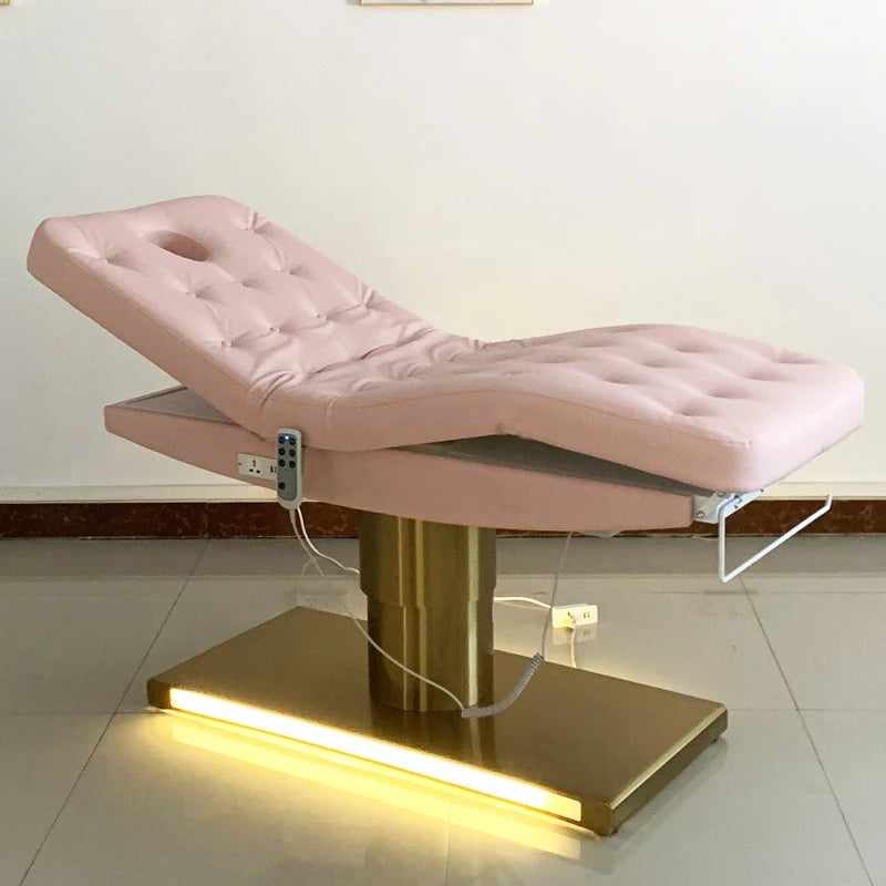 HICOMED Gold Plated Base Luxury Electric 3 Motors Beauty Massage Table White Adjustable Facial Eyelash Bed With LED