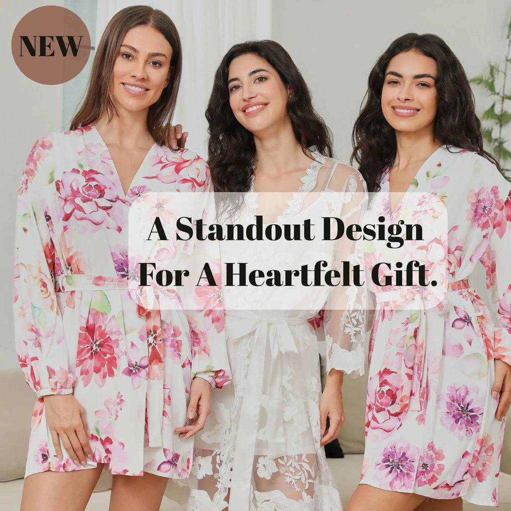 FUNG 8008 Watercolor Floral Bridesmaid Satin Robe, Puff Sleeve Bachelorette Party Kimono