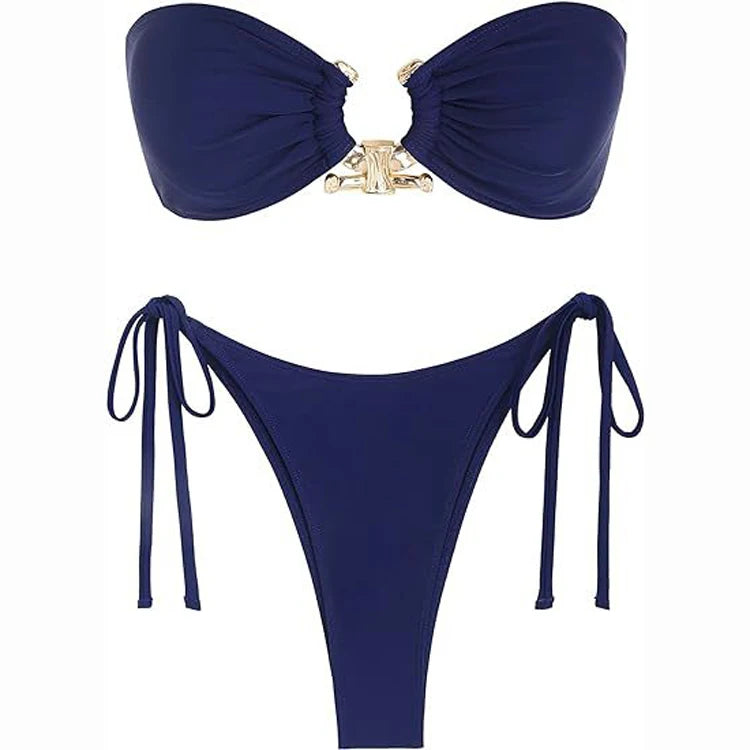 Off Shoulder Sexy 2 Piece Bikini Metal Ring Bathing Swimsuit Mini Beach Swimwear Thong Beach Wear