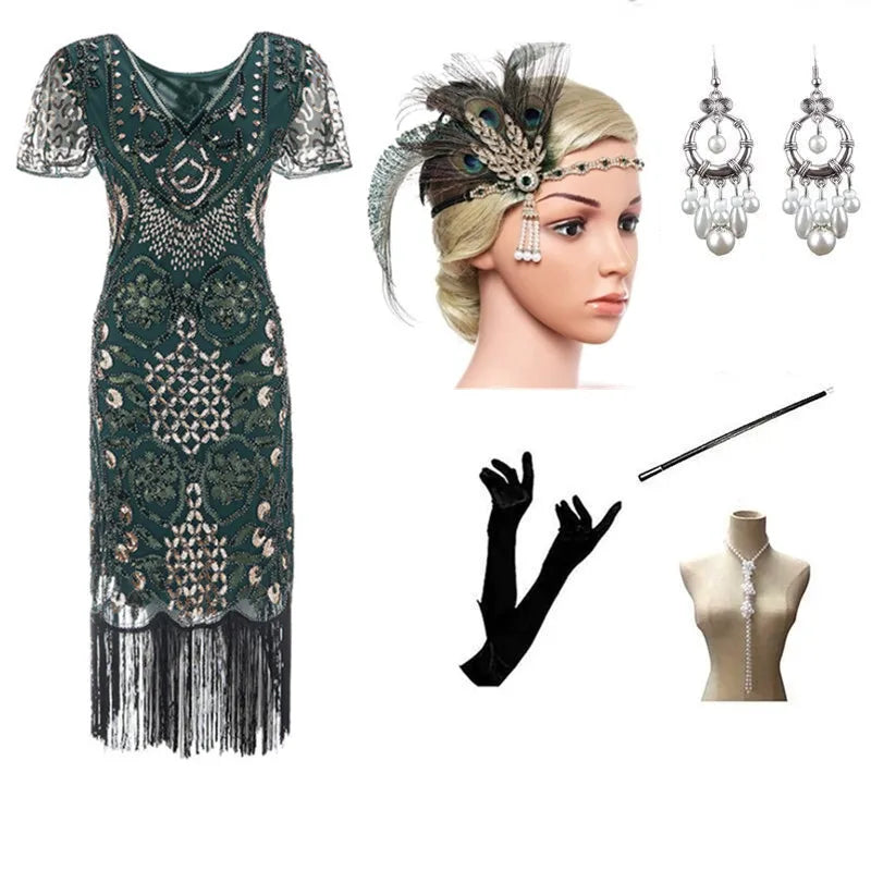 Halloween Cosplay Dress for Women 1920s Vintage Flapper Long Fringe Beaded Gatsby Party Dress With 20s Accessories Set