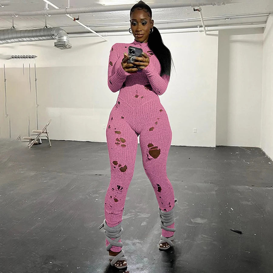 Oem Autumn Solid Long Sleeve O-neck Casual Knit Holes Long Sleeve Jumpsuit Streetwear Casual Women's Ripped Jumpsuit