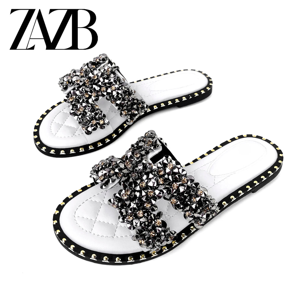 New Wholesale Design Summer square Head Leather European and American Open Toe Flat Shoes Black Womens slippers Sandals