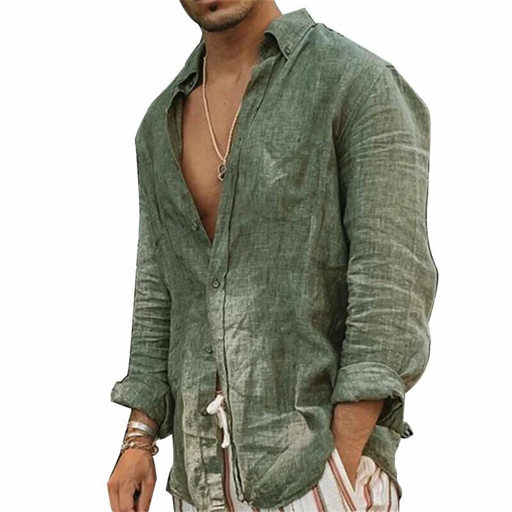 2026 Men Casual Cotton Linen ShirtsStanding Collar Male Solid Color Long Sleeves Loose Tops Spring Autumn Handsome Men's Shirts