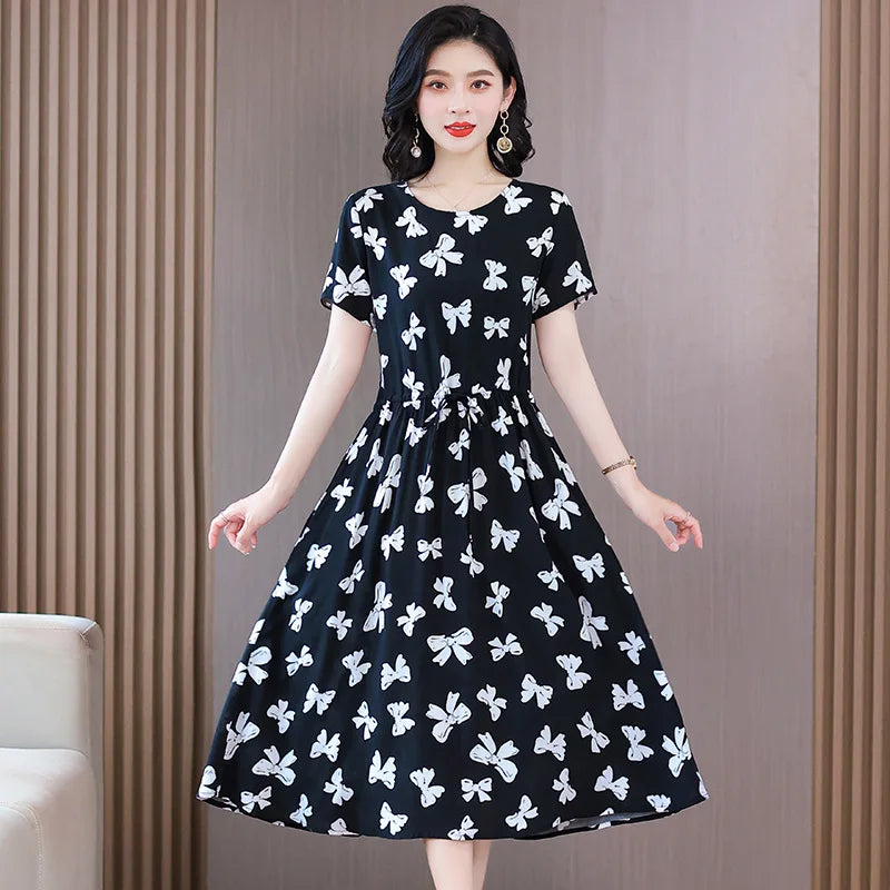 Women Floral Printed Summer Dresses O-neck Short Sleeve Fashion Printing Women's Simple Flower A-line Casual Dress