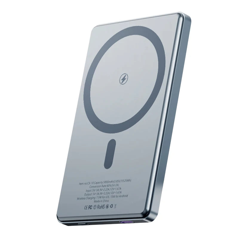 Portable 5000mAh Magnetic Wireless Charging Power Pack Wireless Output 15W Ultra-Thin Mobile Power Power Banks Type-C Output 20W
