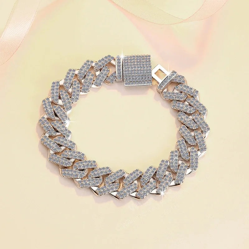 Lerca Fashion Hip Hop Cuban Bracelet S925 Silver  11CT Exaggerated Rhombus Inlaid Moissanite Simulated Diamond  Hand Jewelry