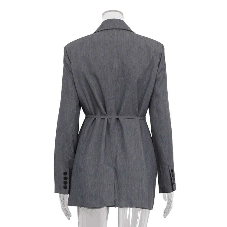 Clothing Manufacturer Dark Blue Casual Office Belted Wrap Long Blazer Woman Dress Blazers Pour Femmes