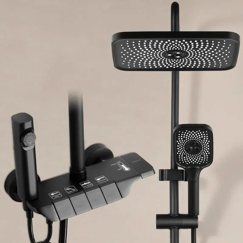 KAWAL Thermostatic Piano Key Rain Shower System Matte Black Wall Mounted Hot Cold Mixer Faucet Set with Handheld Spray