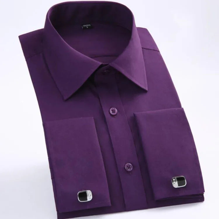 Fashion Mens French Cuff Dress Shirt New Long Sleeve Formal Business Buttons Shirts Regular Fit Cufflinks Wedding Tuxedo Shirt
