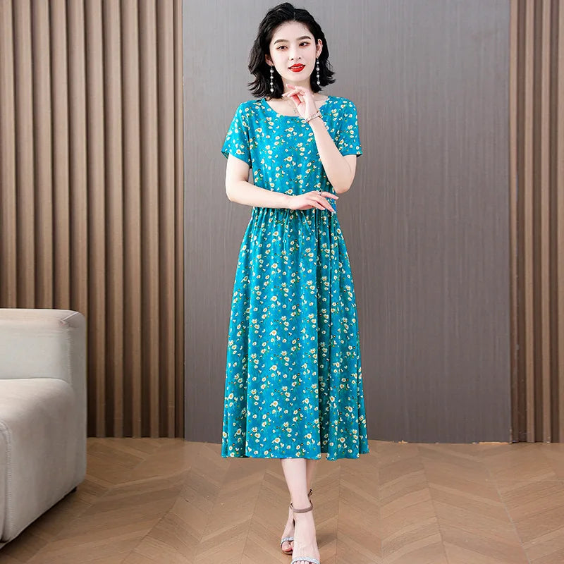Women Floral Printed Summer Dresses O-neck Short Sleeve Fashion Printing Women's Simple Flower A-line Casual Dress