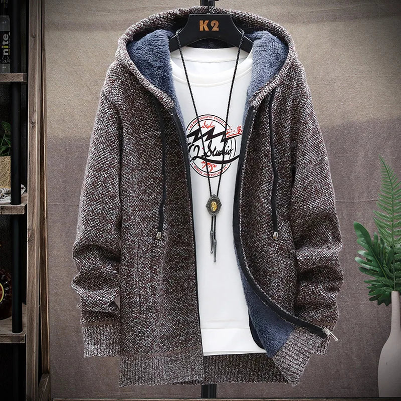 Autumn Winter Men's Sweaters Hooded Knit Cardigan Korean Sweaters Jacket Fleece Lined Hoodies Windbreaker Coat