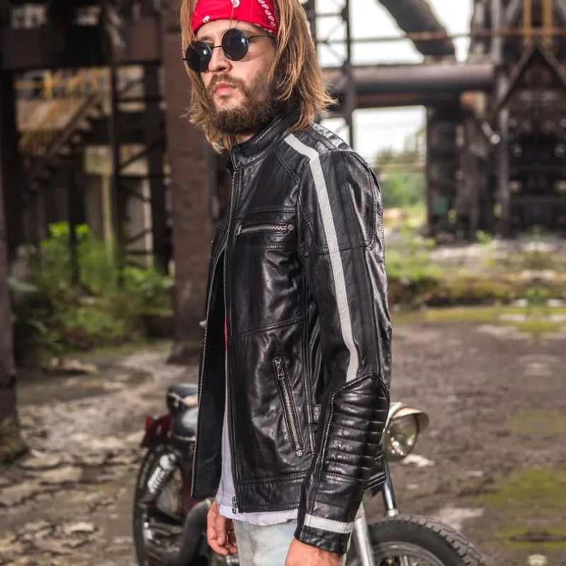 Fashion Mens Slim Fit Sheepskin Motorcycle Biker Jacket Side Striped Short Stand Collar Windproof Coats Genuine Leather Jacket