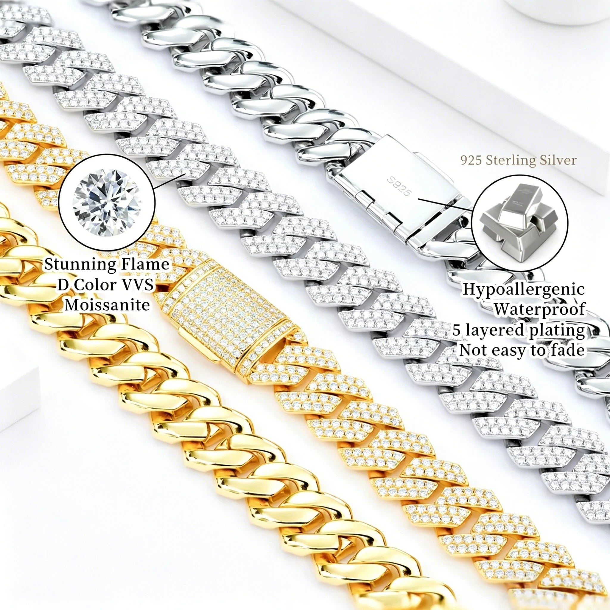 HipHop Iced Shiny Diamond Moissanite Rhodium Plated 925 Sterling Silver VVS. DEF Cuban Bracelet Party Jewelry for Men
