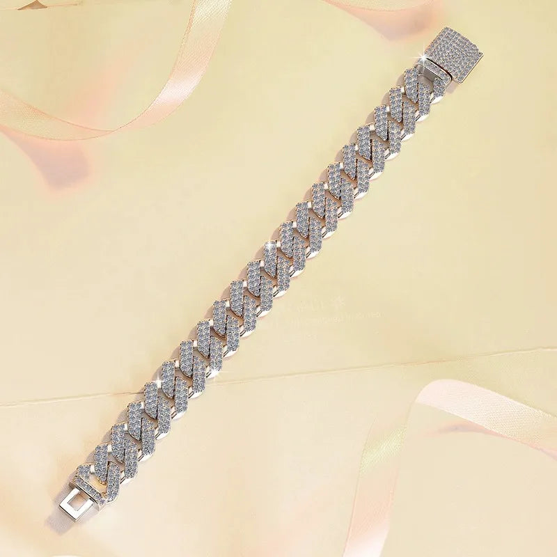 Lerca Fashion Hip Hop Cuban Bracelet S925 Silver  11CT Exaggerated Rhombus Inlaid Moissanite Simulated Diamond  Hand Jewelry