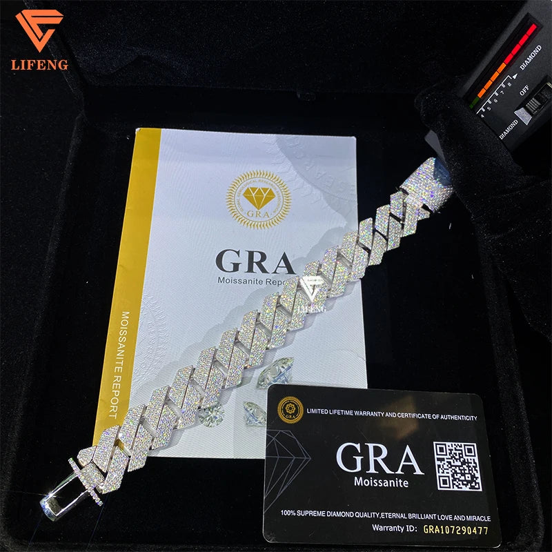 Lifeng Jewelry 20mm 4rows VVS Moissanite Cuban Link Chain Bracelet Sterling SIlver Diamond Hiphop Moissanite Cuban Chain for Men