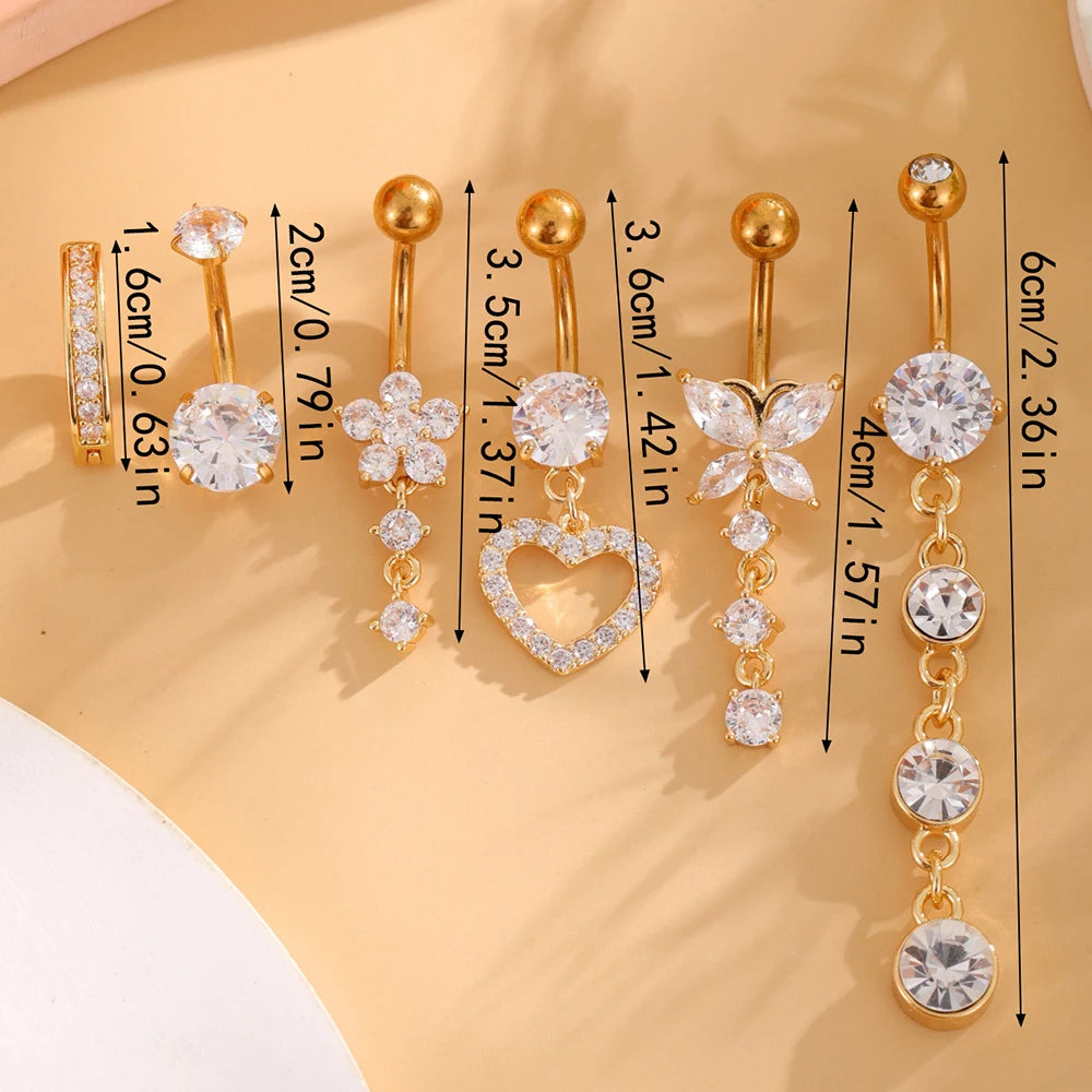 Set 6 Stainless Steel Gold-Plated Heart-Shaped Butterfly Navel Rings Cubic Zirconia 14G Bar Belly Button Piercing Rings Weddings