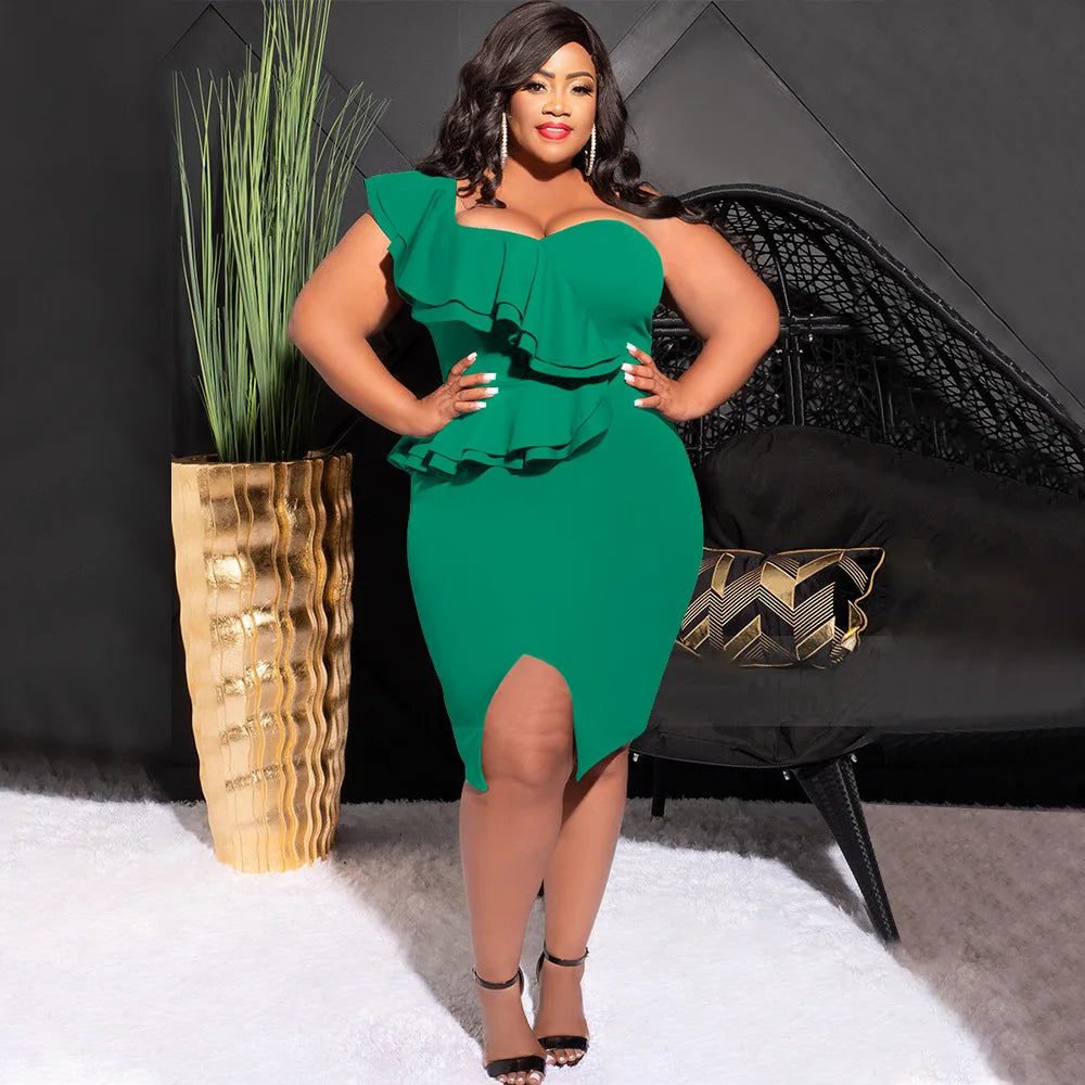 European and American Fashion Casual Ruffled Split Shoulder Sleeve Bag Hip Split Plus Size Dress