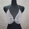 Sexy Rhinestones Fishnet Party Crystal Deep V Crop Top Rhinestone Chainmail Halter Draped Bra Ladies Club Crop Top