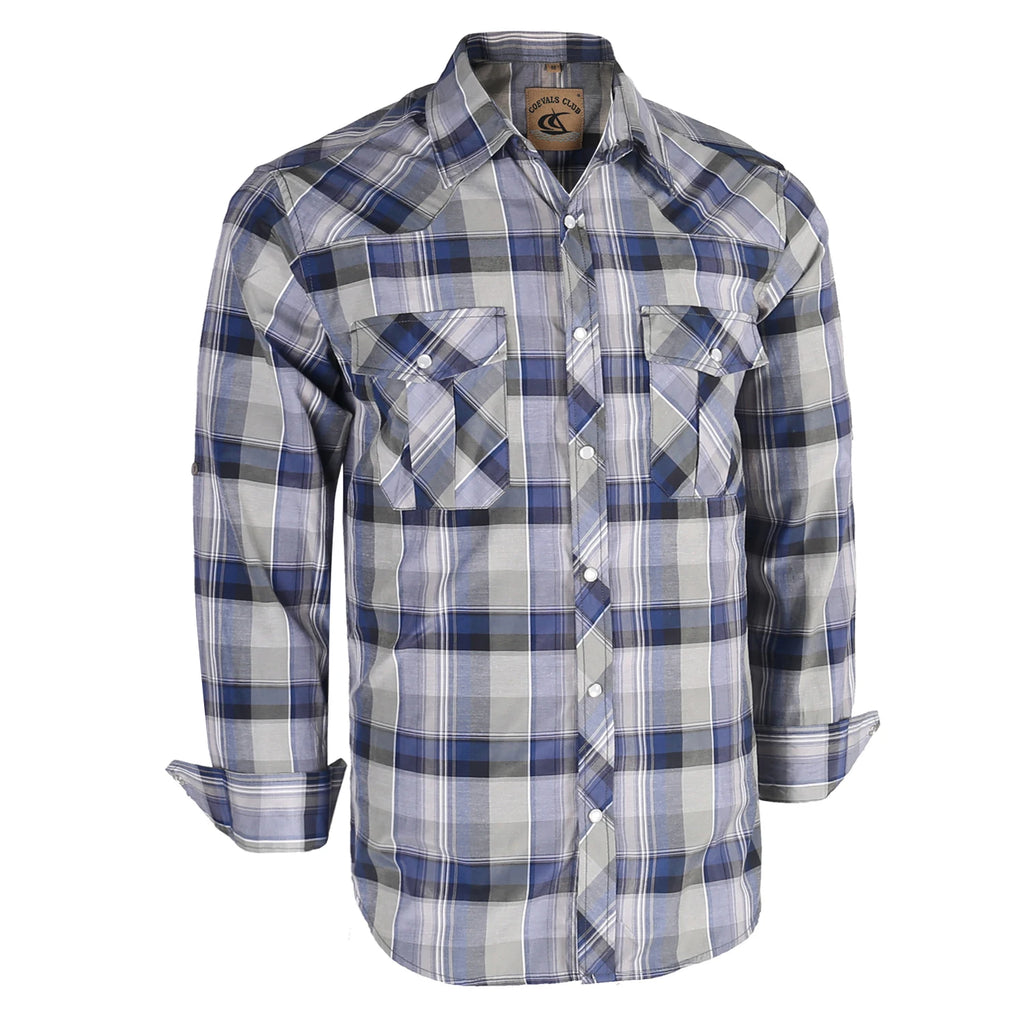 Men's Western Pearl Snap Button up Casual Cowboy Long Sleeve Two Pockets Work Plaid Shirts