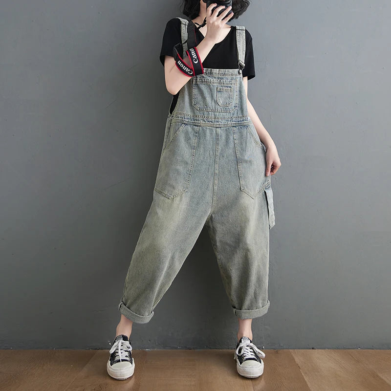 Boyfriend Loose Jeans Overalls For Women Casual Plus Size Wide Leg Denim Jumpsuit Straps Baggy Cargo Pants Big Pockets Dungarees