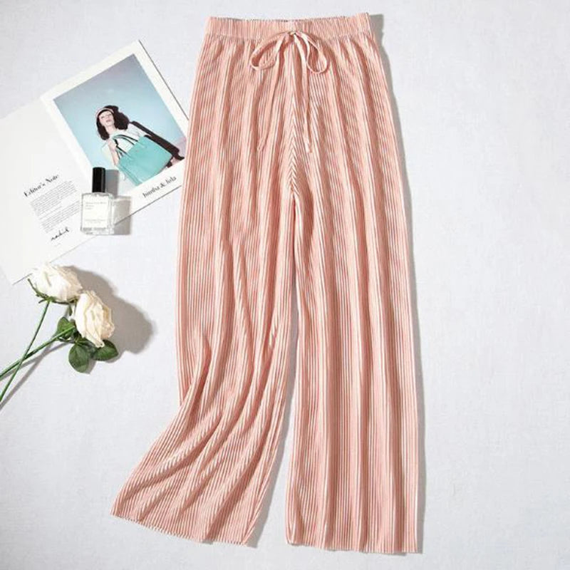 Women Fashion Summer Wide Leg Pants Pleated Ice Silk Trousers Elastic Waist Loose Casual Classic Base Girls Gifts Wear Pants