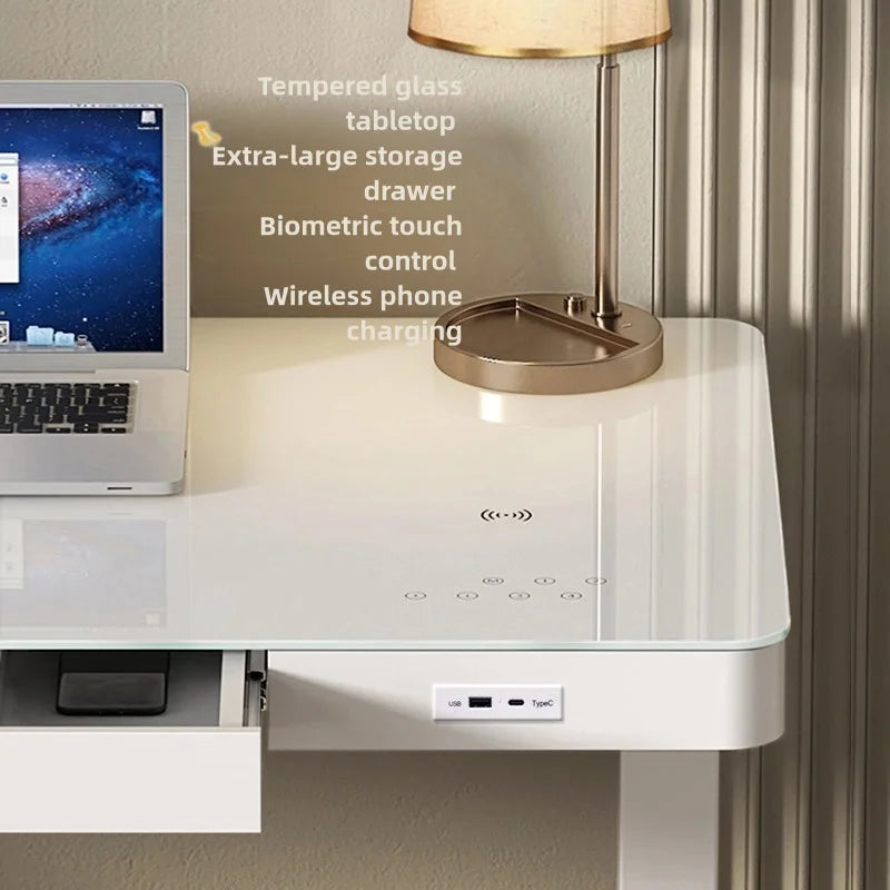 Solid Wood Electric Lift Table Tempered Glass Office Desk Smart Desk Study Desk