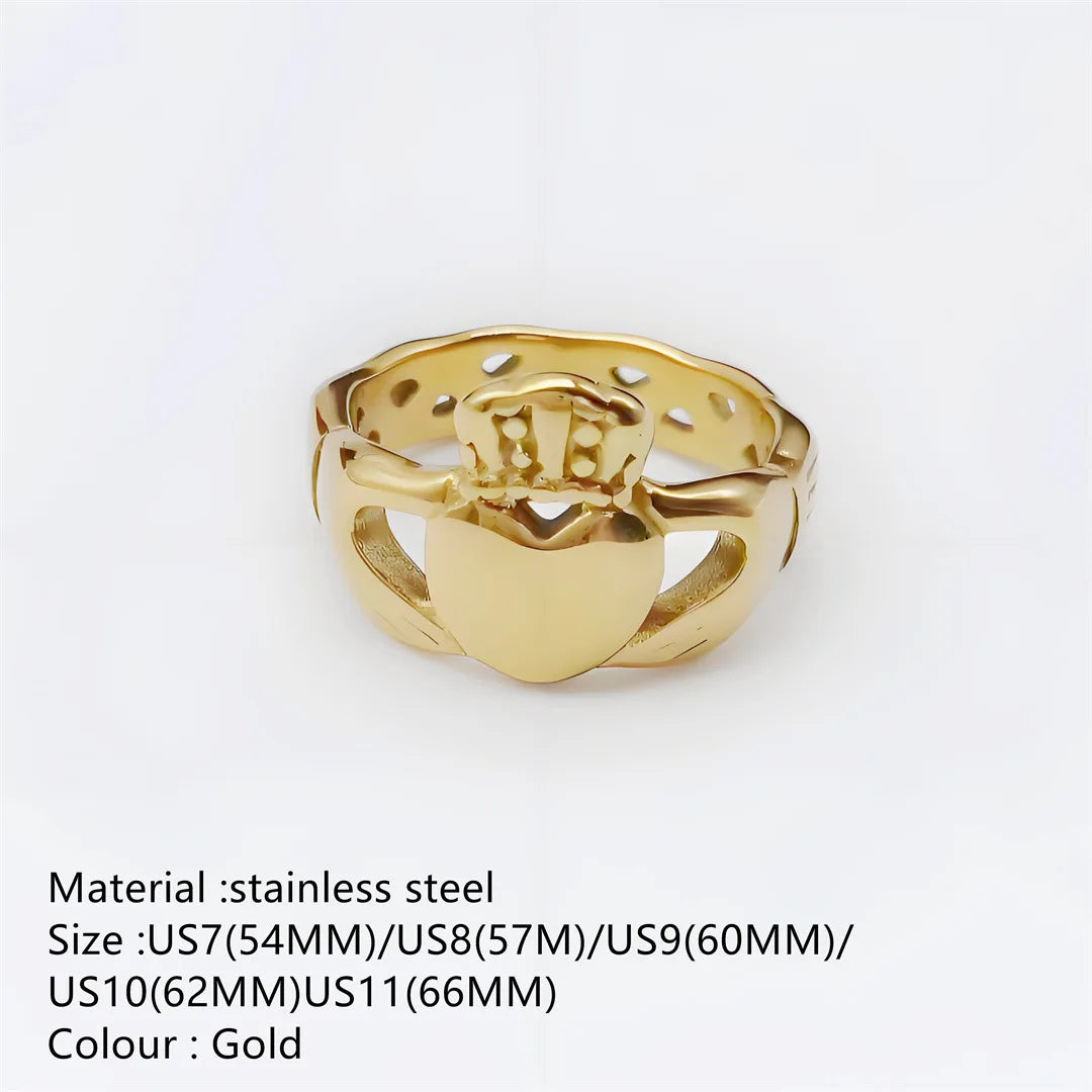 Irish Claddagh Style Wholesale Jewelry Gold and Silver Color Crown Rings in Gold Plated Stainless Steel