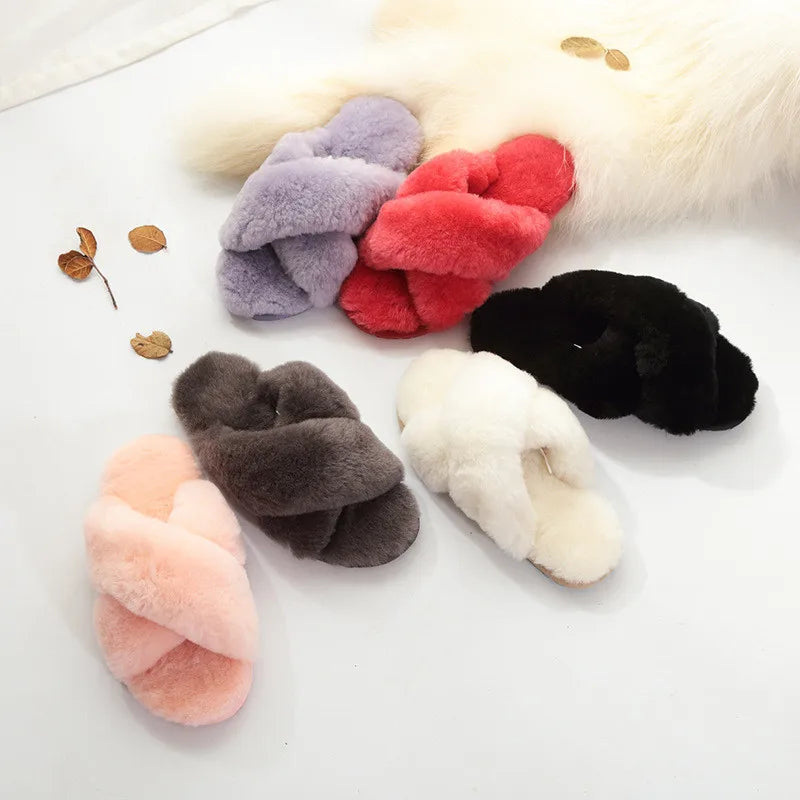 Women Indoor Slippers Real Wool 2023 Natural Sheepskin Home Slipper Winter Fur Slippers Wool Flip Flops Slipper Lady Home Shoes