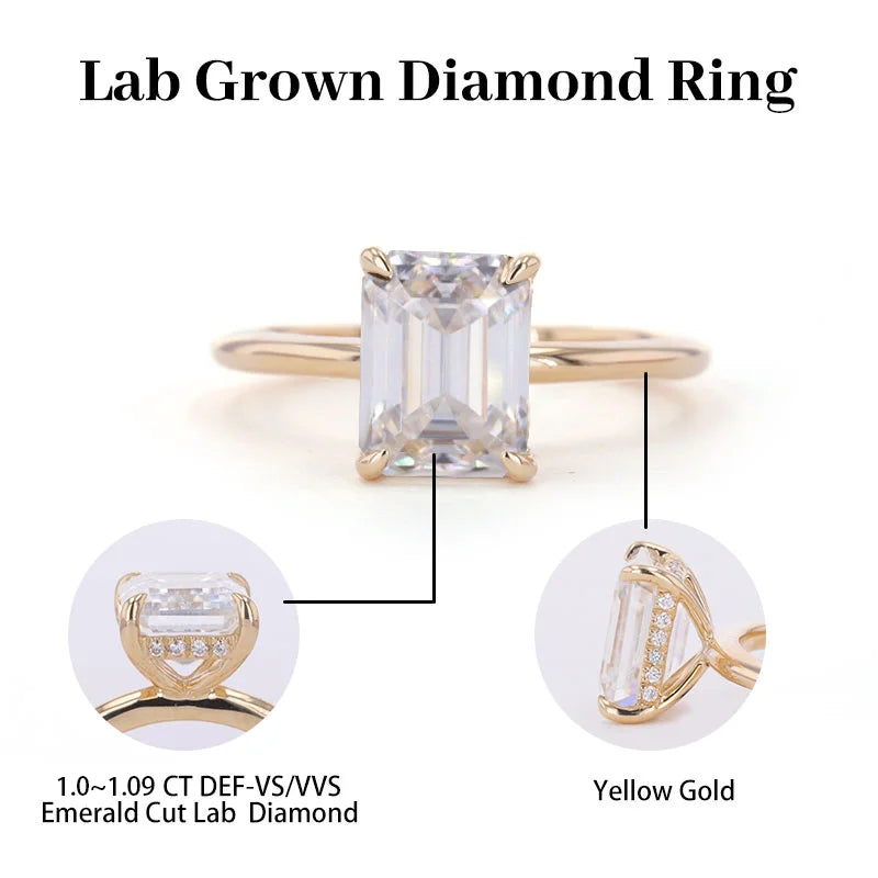 Starsgem 1CT DEF VS VVS Emerald Cut 10k 14k 18k White Rose Yellow Gold Lab Diamonds Jewelry Rings