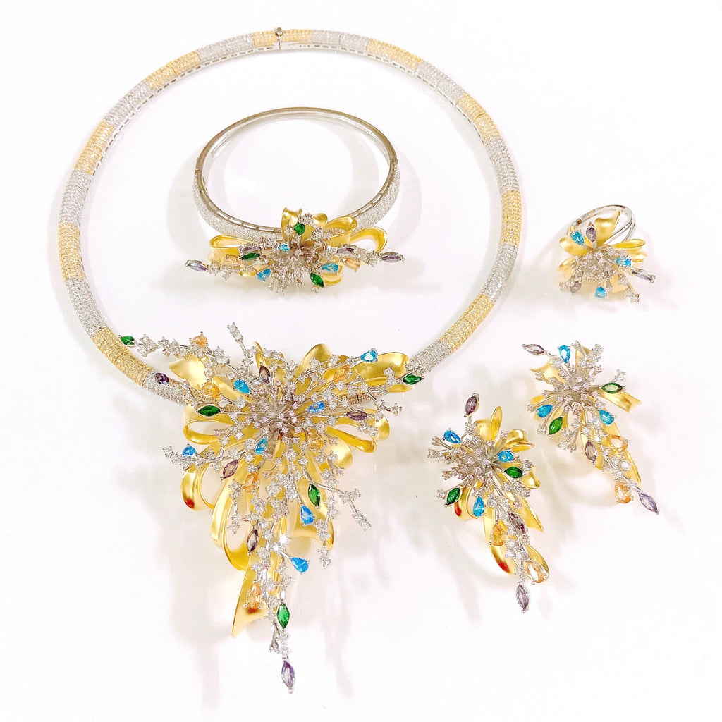 Yulaili Simple Two Tone American Colorful Zirconia Jewelry Set Charm Necklace Bracelet Earrings Ring Four Pieces Set for Wedding