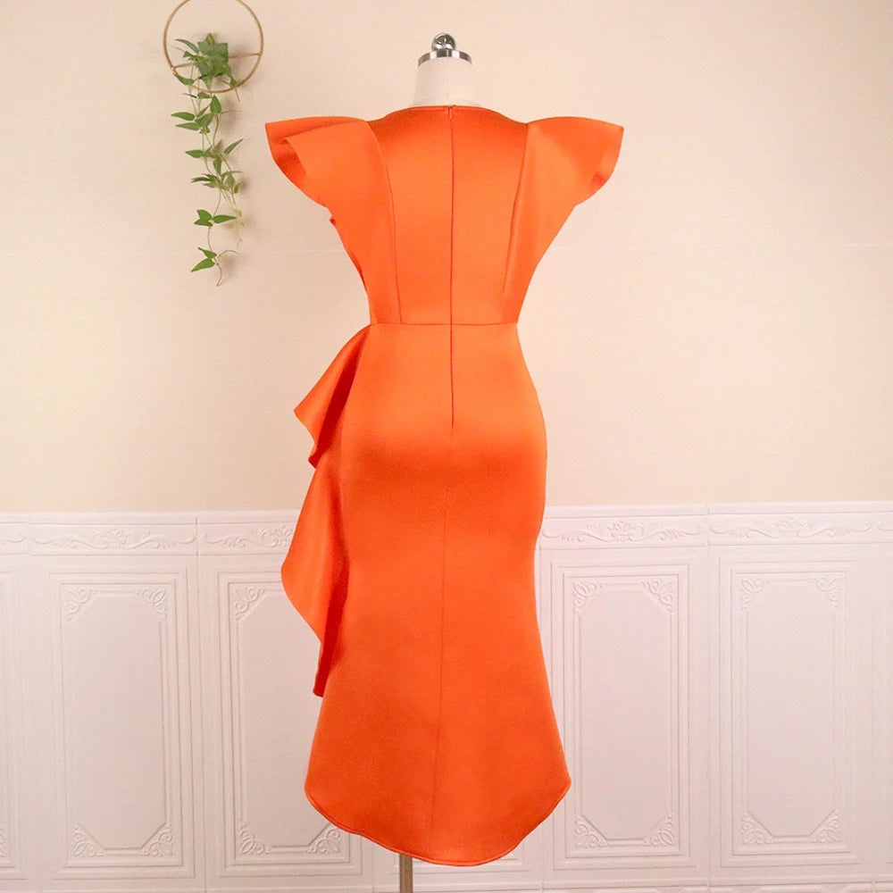 A80081 Manufacturer High Waisted Cap Sleeve Ruffles Midi Evening Dress Women