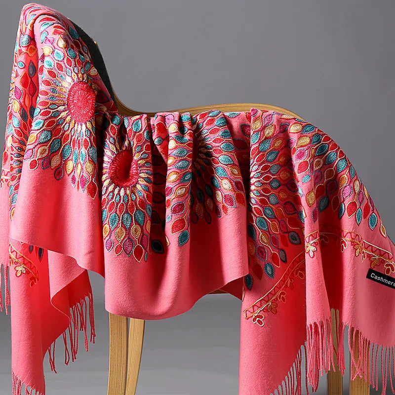 Wholesale JiYun 2025 Ladies Winter Scarf Shawl Floral Tassel Embroidery Soft Heavy Cashmere Feel-Hot Sale Winter Accessory