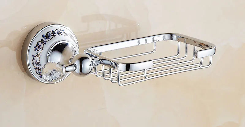 European Antique Blue and White Porcelain Chrome Finish Bathroom Hardware Set Silver&Crystal Towel Rack Bar Hook Basket Rack 5