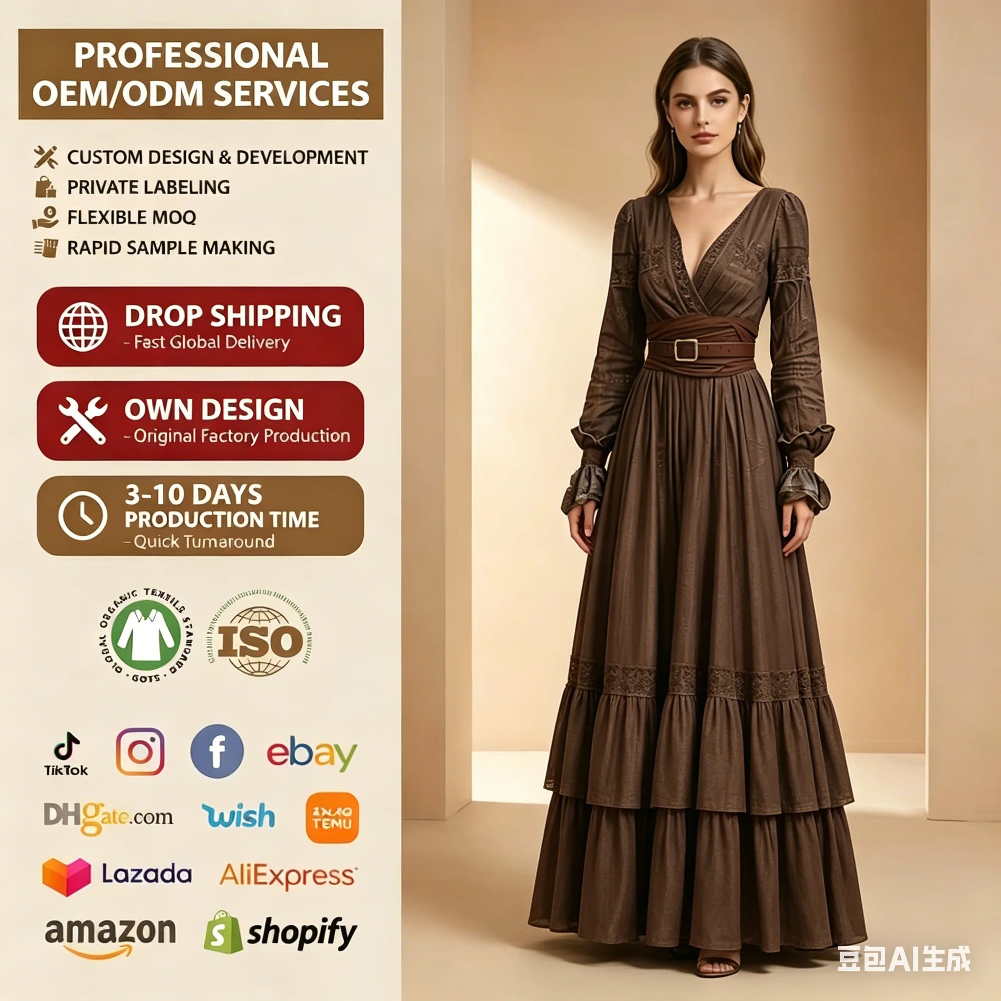 Vintage Women's Rustic Casual Dress Long Sleeve V-Neck Maxi Sexy Natural Spring Solid Pattern Front Pleating Digital Breathable
