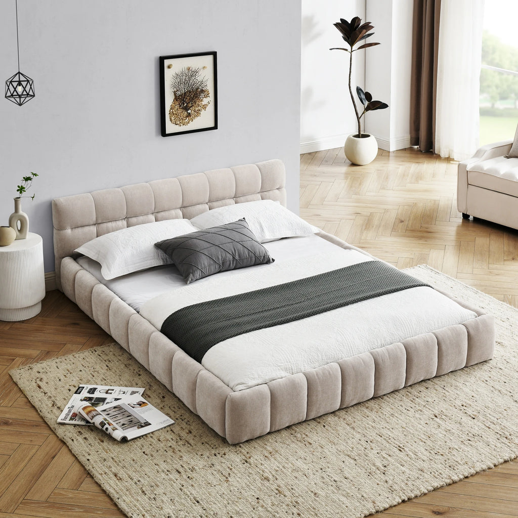 M Queen Size Upholstered Bed Frame Durable Bedroom Furniture Chenille Fabric Platform Bed Frame with Tufted Headboard