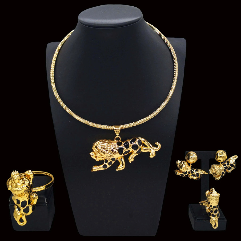 Zhuerrui Fashion Personality Brass Ring Jewelry Set Cheetah Pendant Hip Hop Bracelet Men's and Women's Party JewelryHK003122