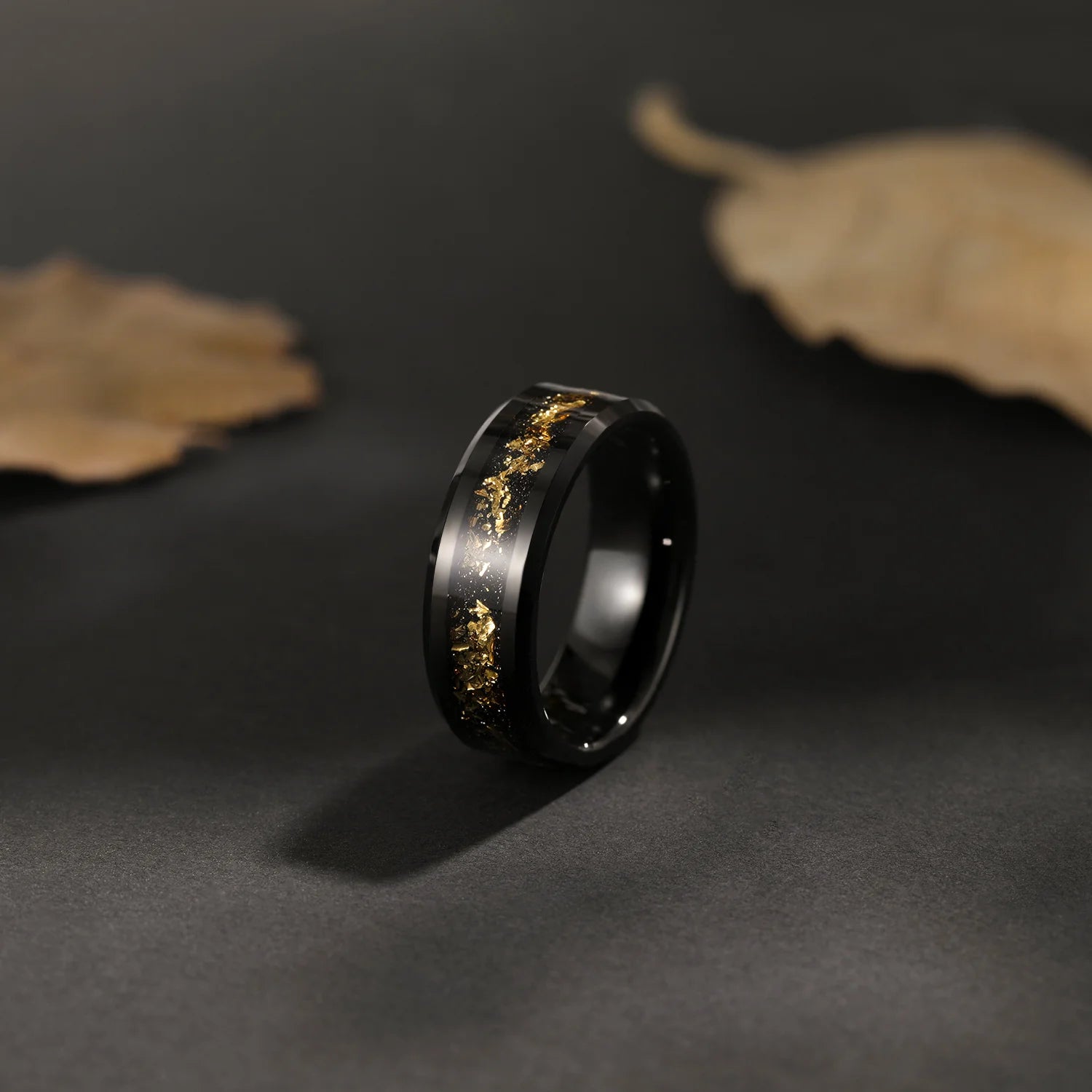 OAHLAN 8mm Beveled Edge Tungsten Carbide Rings for Men Women Black and Gold Foils Inlay Wedding Engagement Gift Fashion Jewelry
