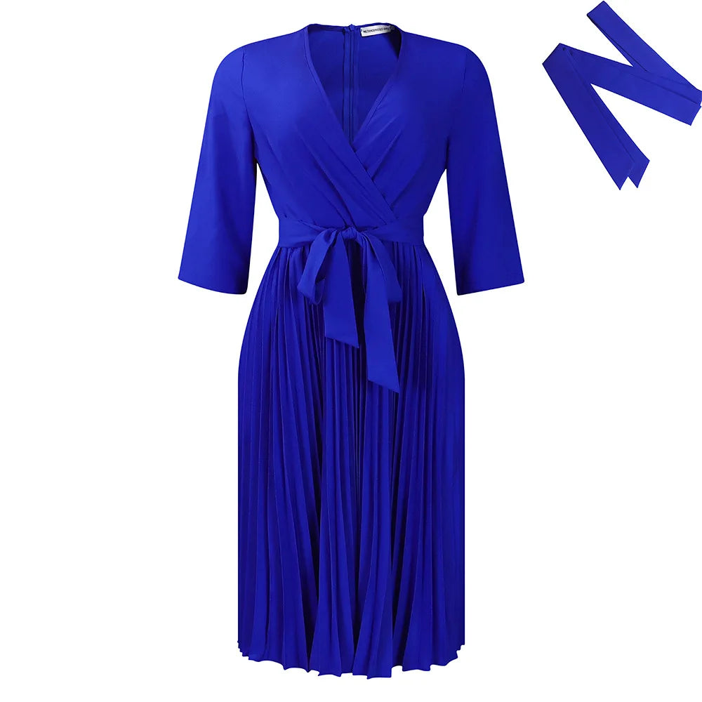 Women's Dress 2024 New Style Casual Elegant Solid Color V-neck Long Sleeve Pleated Skirt